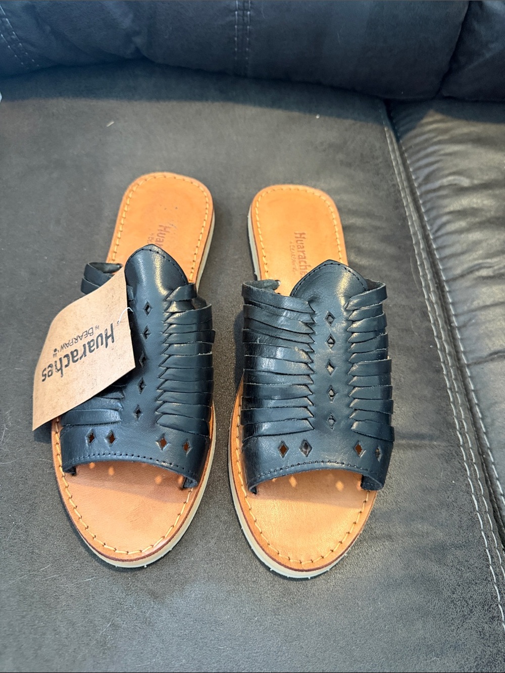 BearPaw Black Woven Leather Slide Sandals with Tan Footbed